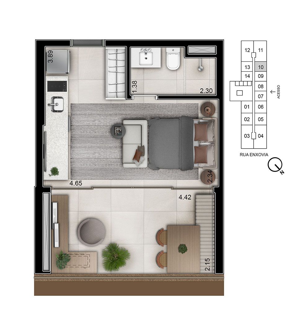Planta Studio de 32m² Privativos