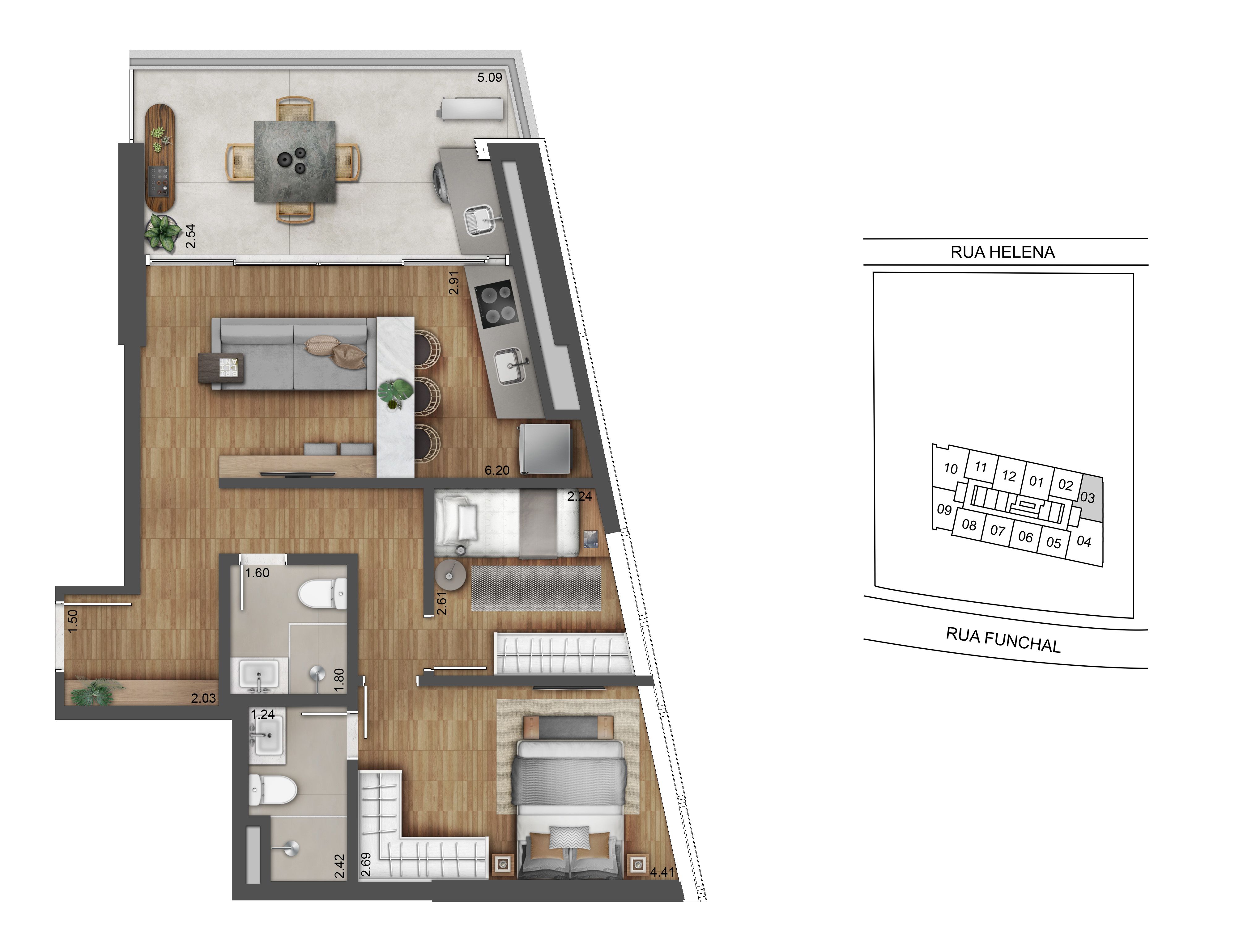 W Residences - Planta Padrão 2 dorms (1 suíte )